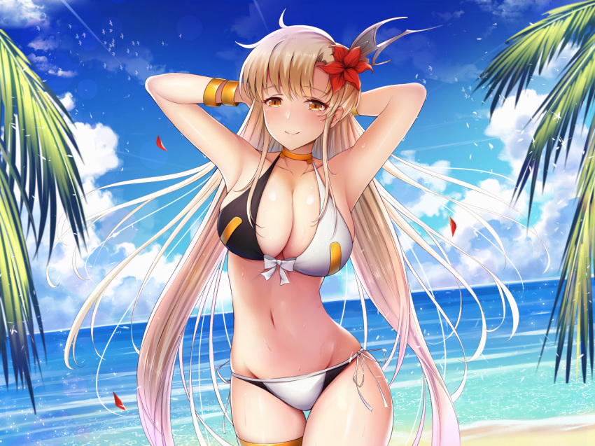 armpits arms_behind_head arms_up bangs bare_shoulders beach bikini black_bikini blonde_hair blush bracelet breasts choker cleavage closed_mouth collarbone commentary_request day flower fou_zi hair_flower hair_ornament highres hips jewelry langrisser large_breasts long_hair looking_at_viewer navel ocean palm_tree riana_(langrisser) smile solo swimsuit thighs tree two-tone_bikini very_long_hair white_bikini yellow_eyes