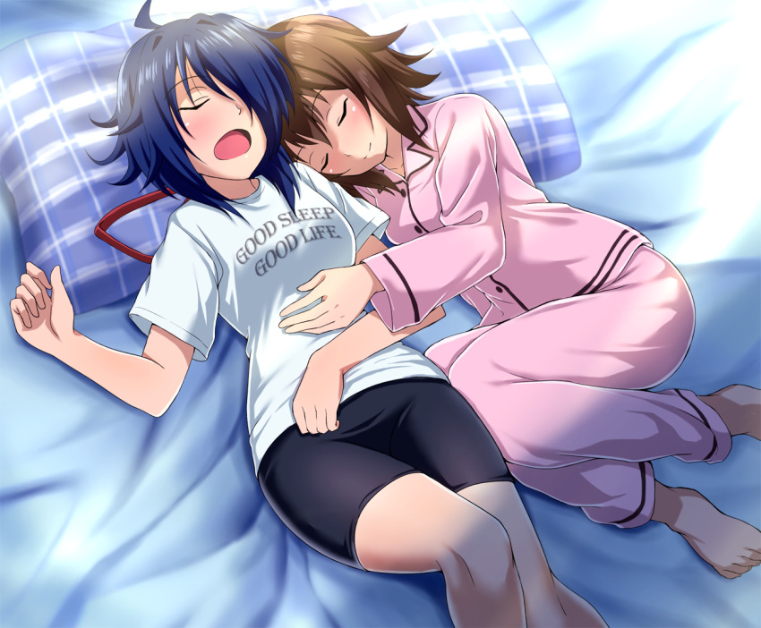 bike_shorts black_hair black_shorts blush brown_hair closed_eyes closed_mouth commentary_request furutaka_(kantai_collection) hair_over_one_eye hair_ribbon kako_(kantai_collection) kantai_collection long_hair long_sleeves lying messy_hair multiple_girls on_back on_bed on_side open_mouth pillow red_ribbon ribbon shirt short_hair shorts sleeping sleepwear white_shirt zanntetu