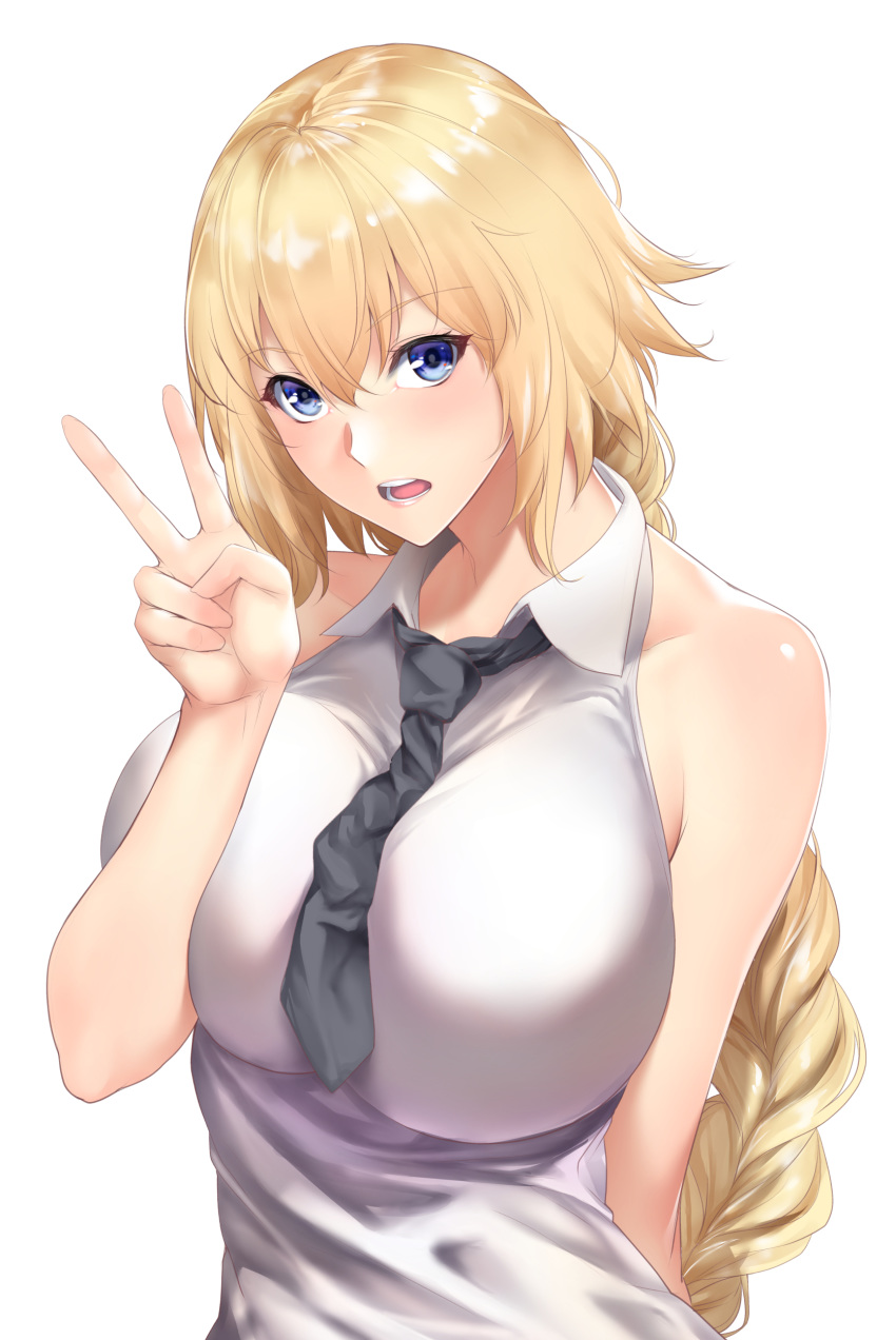 :d absurdres arm_behind_back bangs bare_shoulders between_breasts blonde_hair blue_eyes blush braid breast_press breasts collarbone collared_shirt enty_reward eyebrows_visible_through_hair fate/apocrypha fate/grand_order fate_(series) fingernails hair_between_eyes hand_up highres huge_breasts jeanne_d'arc_(fate) jeanne_d'arc_(fate)_(all) long_braid long_fingernails long_hair looking_at_viewer necktie necktie_between_breasts open_mouth paid_reward pink_lips shiny shiny_skin shirt simple_background single_braid sleeveless sleeveless_shirt smile solo standing teeth v very_long_hair white_background white_shirt zucchini