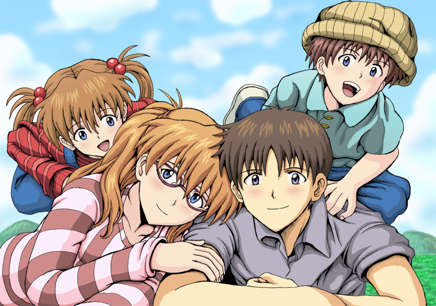 2girls :d amai_yadoraki blue_eyes blue_pants blue_sky blush brown_hair brown_hat collarbone day glasses grey_shirt hair_bobbles hair_ornament hat if_they_mated ikari_shinji long_hair long_sleeves looking_at_viewer lying multiple_boys multiple_girls neon_genesis_evangelion older on_stomach open_mouth outdoors overalls pants red-framed_eyewear red_sweater shirt short_sleeves sky smile soryu_asuka_langley striped striped_sweater sweater twintails