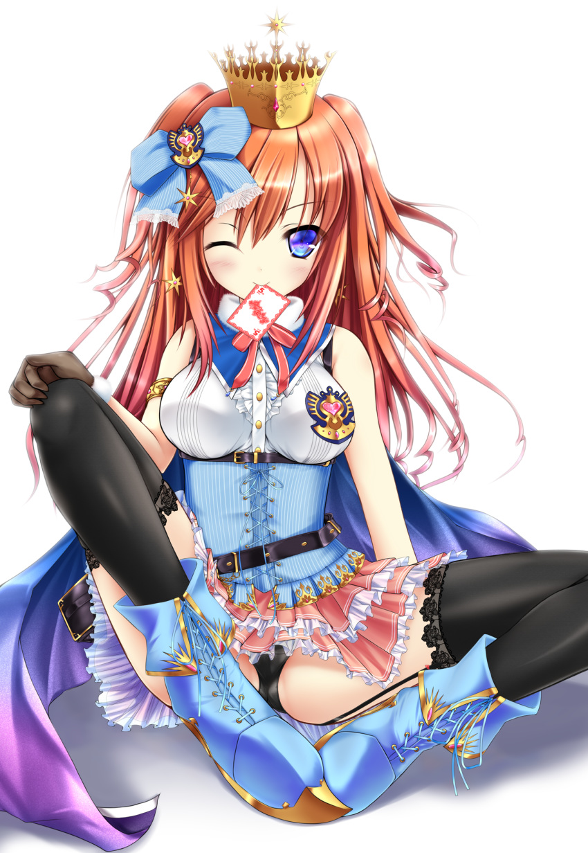 ;) alice_(sennen_sensou_aigis) armlet belt black_legwear black_panties blue_cape blue_eyes blue_footwear boots breasts brown_gloves cape commentary_request crown frilled_skirt frills gloves highres knee_up long_hair looking_at_viewer medium_breasts mouth_hold one_eye_closed panties pantyshot pantyshot_(sitting) pink_skirt red_hair sennen_sensou_aigis sitting skirt smile solo thighhighs underwear usa_shouya white_background