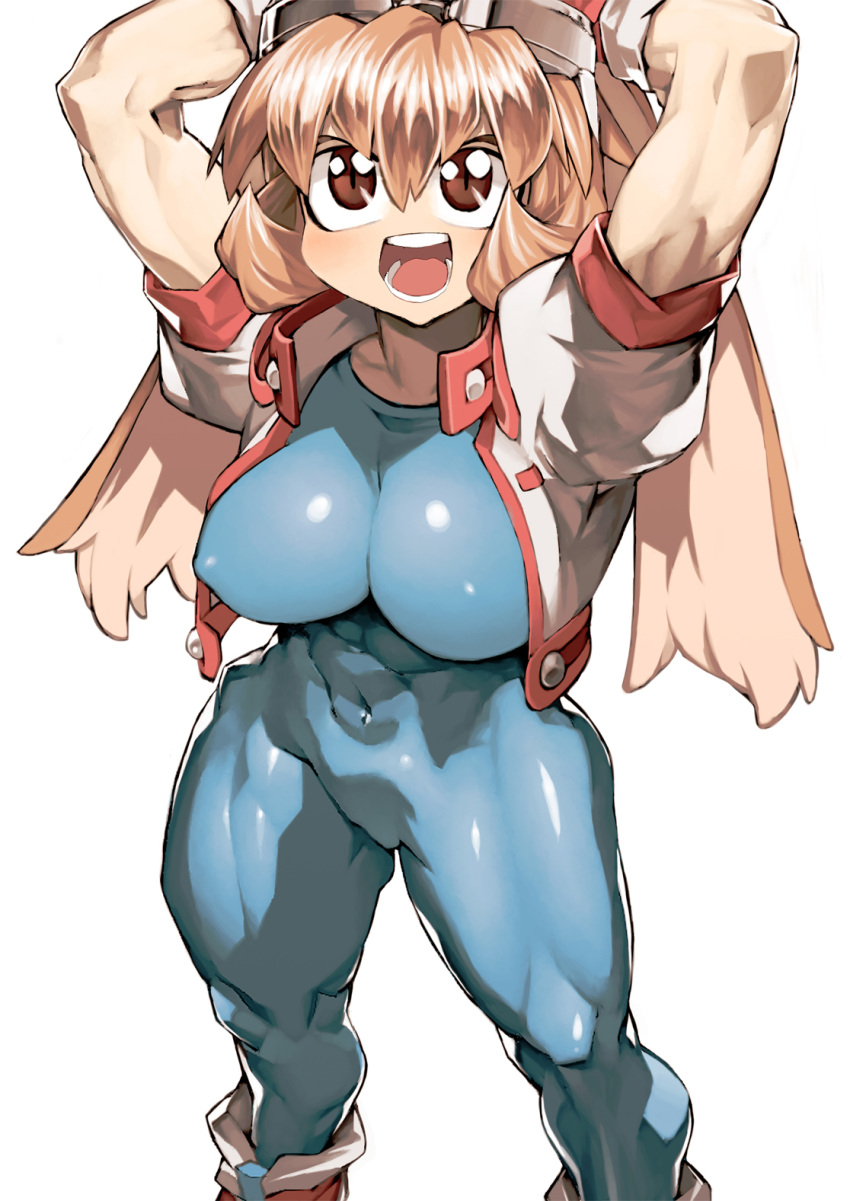 animal_ears arms_up breasts brown_eyes brown_hair bunny_ears commentary commentary_request covered_navel covered_nipples highres large_breasts leotard looking_up makihara_arina short_hair simple_background solo thick_thighs thighs toned waku_waku_7 white_background ysk!