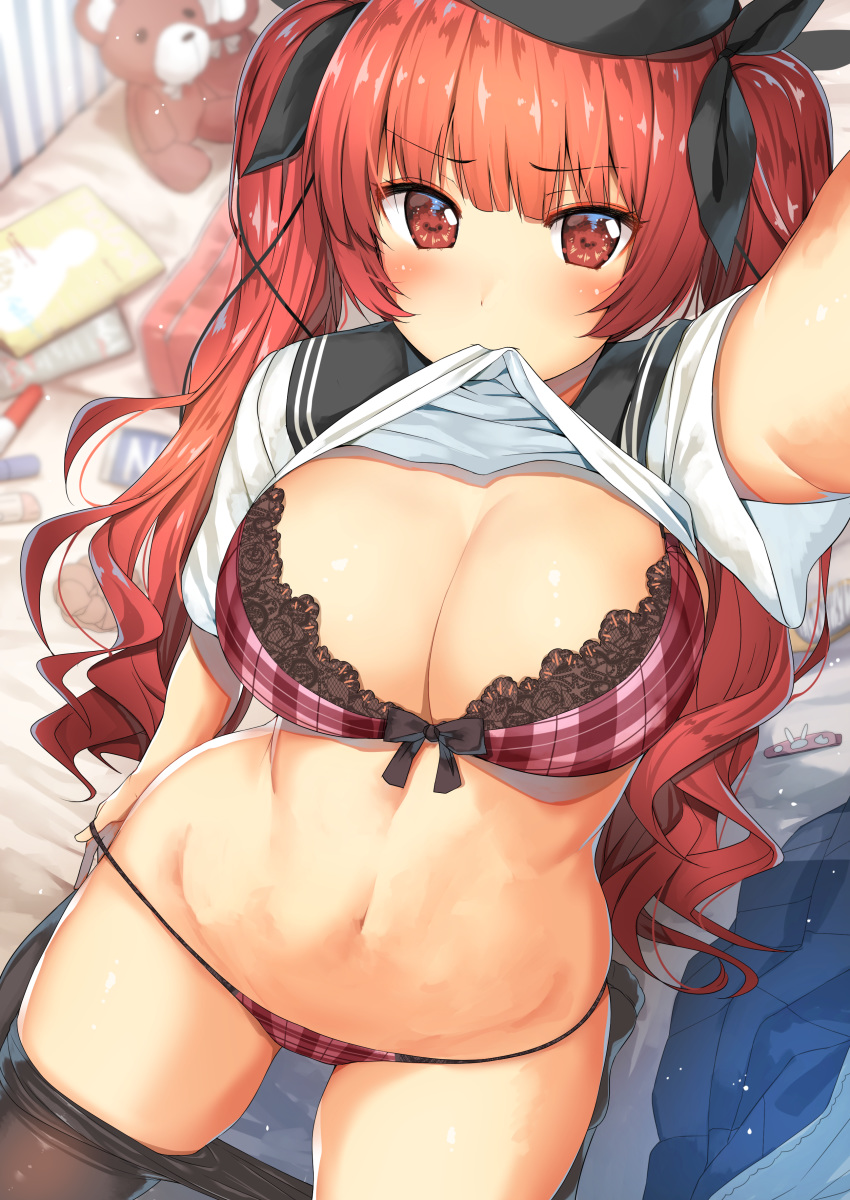 absurdres arm_at_side arm_up azur_lane bangs bed_sheet beret black_bow black_hat black_legwear black_ribbon black_sailor_collar blue_skirt blush body_mahattaya_ginga bow bow_bra bra breasts cleavage closed_mouth eyebrows_visible_through_hair fanbox_reward from_above groin hair_bow hair_ornament hair_ribbon hairclip hat highres honolulu_(azur_lane) indoors lace lace-trimmed_bra lace_trim large_breasts long_hair looking_at_viewer mouth_hold navel notebook on_bed outstretched_arm paid_reward panties pantyhose pantyhose_pull plaid plaid_bra plaid_panties pleated_skirt pulled_by_self purple_bra purple_panties reaching_out red_eyes red_hair ribbon sailor_collar school_uniform self_shot serafuku shiny shiny_skin shirt_lift short_sleeves sidelocks skirt skirt_removed solo stomach string string_panties stuffed_animal stuffed_toy taking_picture teddy_bear thighs tsurime twintails underwear undressing wavy_hair