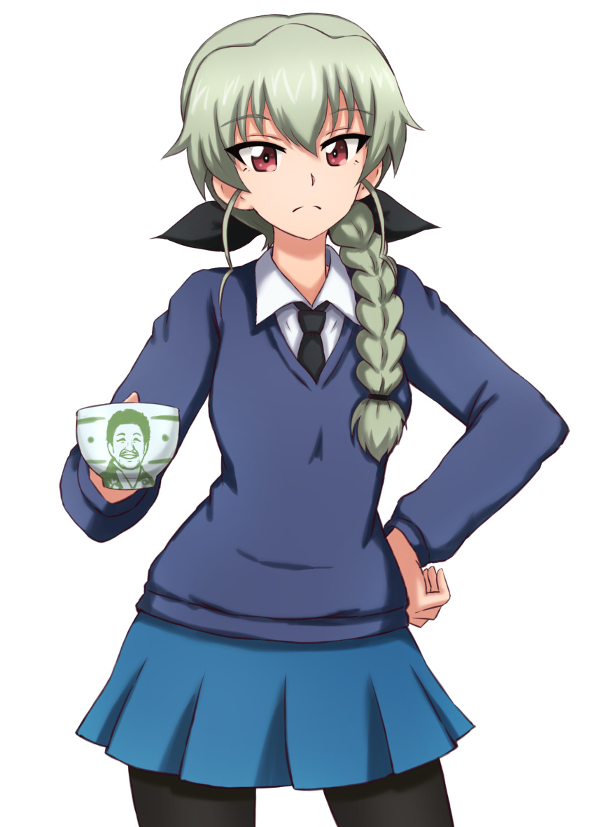 absurdres alternate_costume alternate_hairstyle anchovy black_legwear bow braid commentary contrapposto cowboy_shot cup eyebrows_visible_through_hair frown girls_und_panzer green_hair hair_bow hand_on_hip highres long_hair necktie omachi_(slabco) pantyhose pleated_skirt red_eyes serious simple_background single_braid skirt solo st._gloriana's_school_uniform sweater teacup white_background