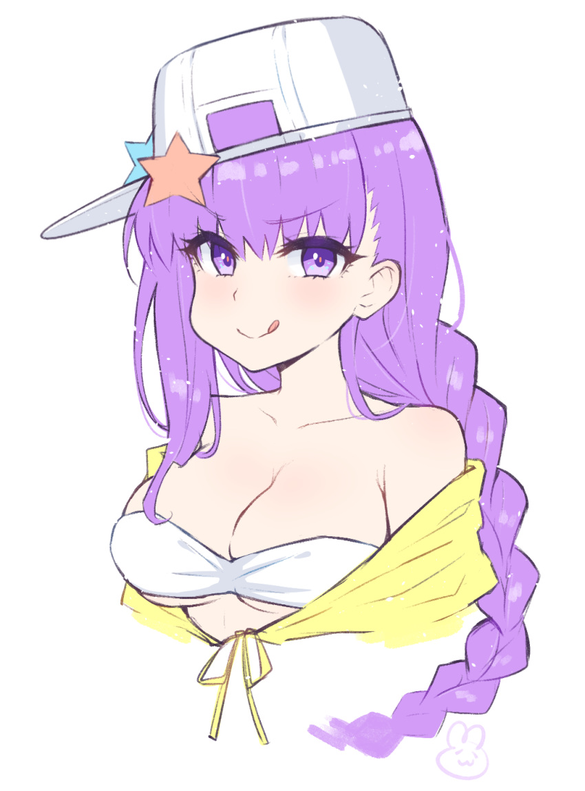baseball_cap bb_(fate)_(all) bb_(swimsuit_mooncancer)_(fate) blush breasts collarbone emu_(confisery) eyebrows_visible_through_hair eyes_visible_through_hair fate_(series) hat hat_pin highres large_breasts long_hair off_shoulder purple_eyes purple_hair shirt sideways_hat simple_background star star_hat_ornament tied_shirt upper_body white_background white_bikini_top white_hat yellow_shirt