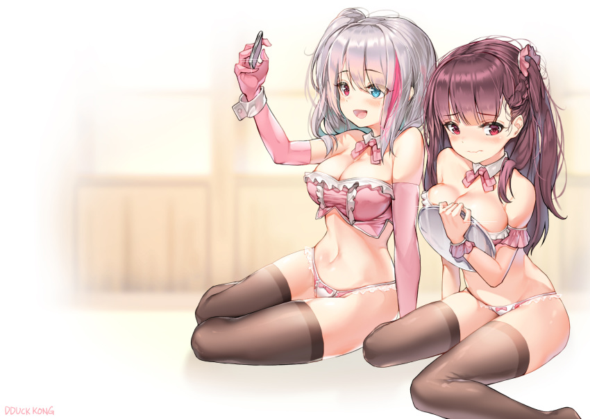 arm_up artist_name bangs bare_shoulders blue_eyes blush bow bow_panties bra braid breasts brown_hair brown_legwear cleavage detached_collar elbow_gloves eyebrows_visible_through_hair frilled_panties frills girls_frontline gloves gradient_hair hair_ornament hair_scrunchie heterochromia highres holding large_breasts lee_seok_ho long_hair mdr_(girls_frontline) multicolored_hair multiple_girls one_side_up open_mouth panties pink_bow pink_bra pink_gloves pink_hair pink_neckwear pink_panties red_eyes scrunchie silver_hair sitting smile thighhighs tray underwear underwear_only wa2000_(girls_frontline) white_panties wrist_cuffs