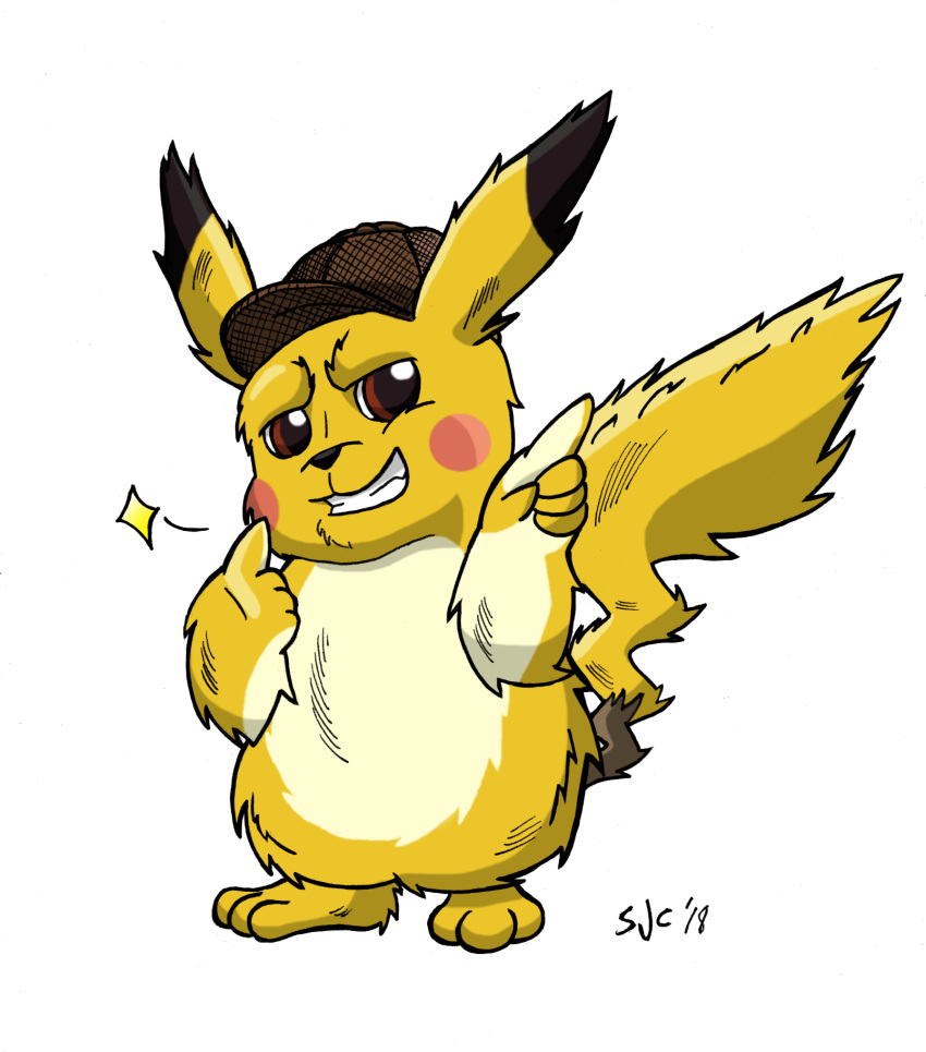 2018 3_toes 5_fingers alpha_channel black_nose brown_eyes deerstalker_hat detective_pikachu digital_drawing_(artwork) digital_media_(artwork) dipstick_ears fluffy fur hat hi_res nintendo pikachu pink_cheeks pointing pok&eacute;mon pok&eacute;mon:_detective_pikachu pok&eacute;mon_(species) pose sea-salt signature simple_background solo standing toes transparent_background video_games white_fur yellow_fur