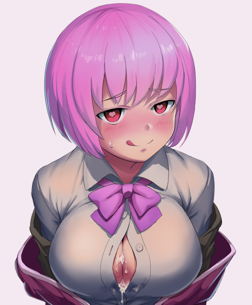 1girl black_jelly blush bow bowtie breasts button_gap cleavage collared_shirt cum cum_on_body cum_on_breasts cum_on_upper_body half-closed_eyes heart heart-shaped_pupils hood hoodie large_breasts licking_lips navel nsmile off_shoulder purple_hair red_eyes school_uniform shinjou_akane shirt short_hair solo ssss.gridman symbol-shaped_pupils tongue tongue_out