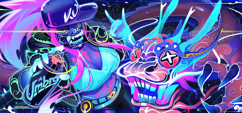 akali aqua artist_name baseball_cap bodypaint breasts cleavage cropped_jacket dragon dutch_angle eastern_dragon face_mask fox_shadow_puppet hat highres idol jacket k/da_(league_of_legends) k/da_akali krokobyaka large_breasts league_of_legends looking_at_viewer makeup mask midriff navel open_clothes open_jacket ponytail purple_hair solo spray_can ultraviolet_light yellow_eyes