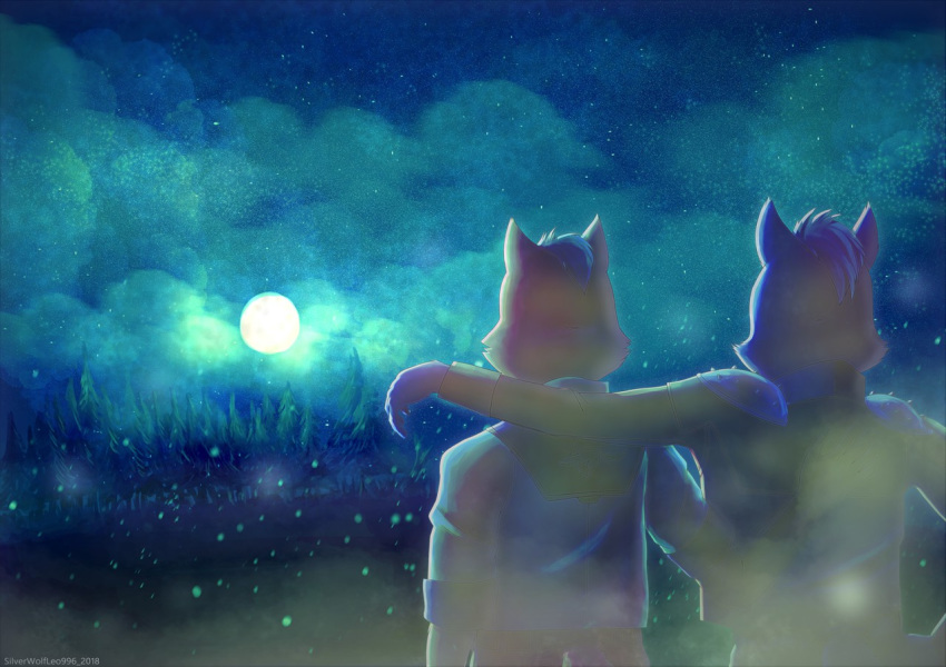 anthro canine clothed clothing detailed_background duo embrace fox fox_mccloud fully_clothed male male/male mammal nintendo silverwolfleo996 star_fox video_games wolf wolf_o'donnell