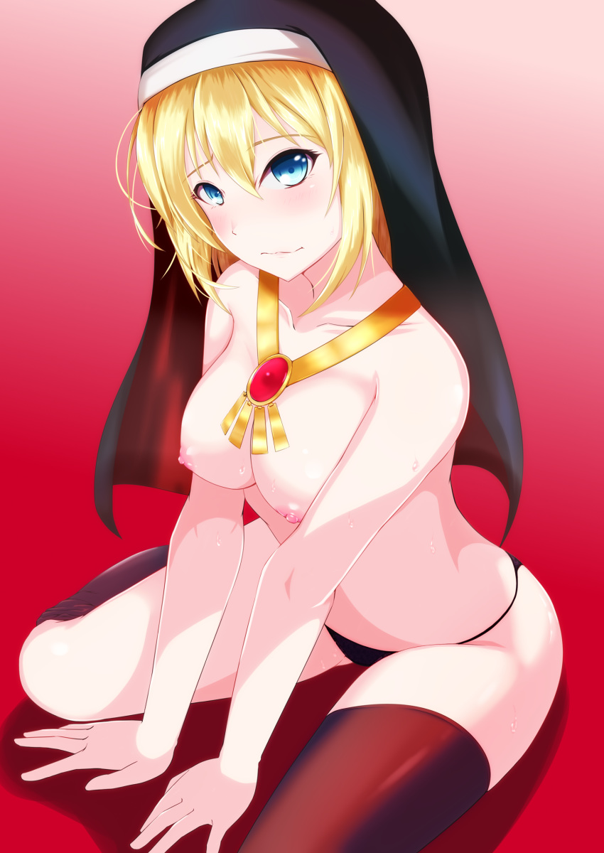 arms_between_legs bangs bare_shoulders black_legwear black_panties blonde_hair blue_eyes blush breasts byelen closed_mouth collarbone commentary_request eyebrows_visible_through_hair goeniko gradient gradient_background habit highres jewelry legs long_hair looking_at_viewer m.u.g.e.n medium_breasts necklace nipples nun panties red_background ruby_(stone) shadow sitting solo spread_legs the_king_of_fighters thighhighs thighs topless underwear wariza wavy_mouth