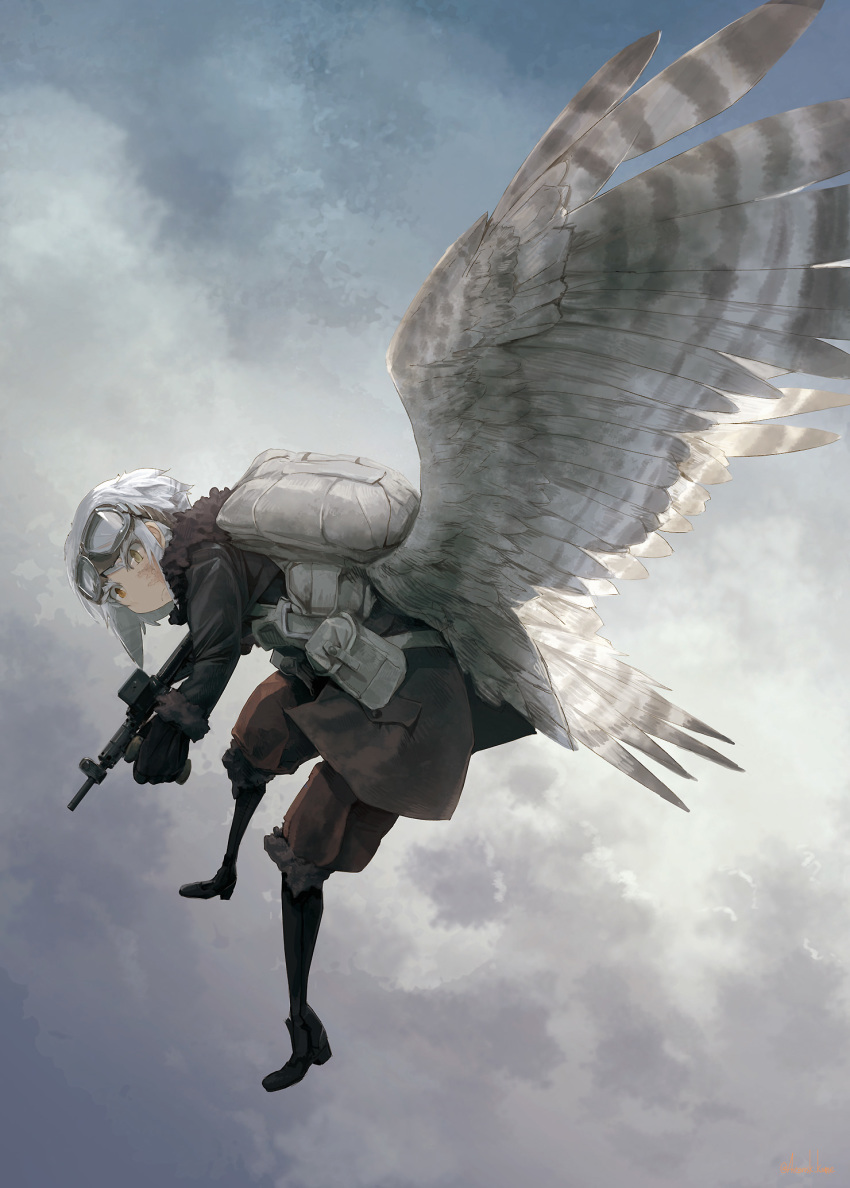 asterisk_kome bomber_jacket full_body gloves goggles goggles_on_head gun highres holding holding_gun holding_weapon holster jacket military military_uniform original scar short_hair sidelocks silver_hair solo sten_gun submachine_gun uniform weapon winged_fusiliers wings