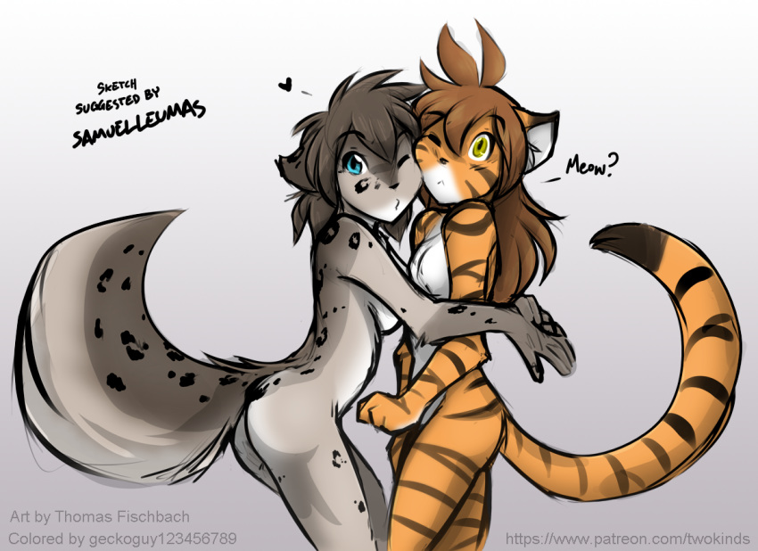 &lt;3 5_fingers anthro arched_back blowing_kiss blue_eyes breast_squish breasts brown_ears brown_hair brown_stripes brown_tail butt canine dialogue duo ears_back english_text eyebrows featureless_breasts feline female flora_(twokinds) fluffy fluffy_tail fur geckoguy123456789 grey_fur grey_tail hair hug hybrid kathrin_(twokinds) keidran long_hair looking_at_viewer mammal multicolored_fur multicolored_tail nude one_eye_closed orange_ears orange_fur orange_tail patreon portrait pose short_hair side_boob side_view simple_background sketch small_breasts spots spotted_fur spotted_tail standing striped_fur striped_tail stripes surprise text three-quarter_portrait tiger tom_fischbach two_tone_ears two_tone_tail twokinds webcomic white_background white_fur wink yellow_eyes