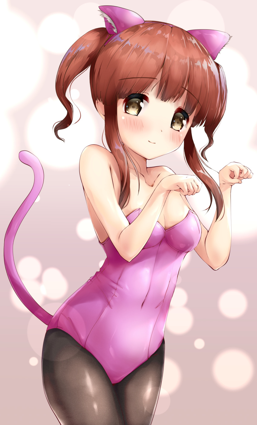 animal_ear_fluff animal_ears bangs bare_arms bare_shoulders blush breasts brown_eyes brown_hair brown_legwear cat_ears cat_girl cat_tail closed_mouth collarbone commentary_request covered_navel eyebrows_visible_through_hair fake_animal_ears fingernails hairband head_tilt highres idolmaster idolmaster_cinderella_girls kittysuit kuroba_aki leotard long_hair ogata_chieri pantyhose paw_pose pink_hairband pink_leotard sidelocks small_breasts smile solo strapless strapless_leotard tail tail_raised twintails