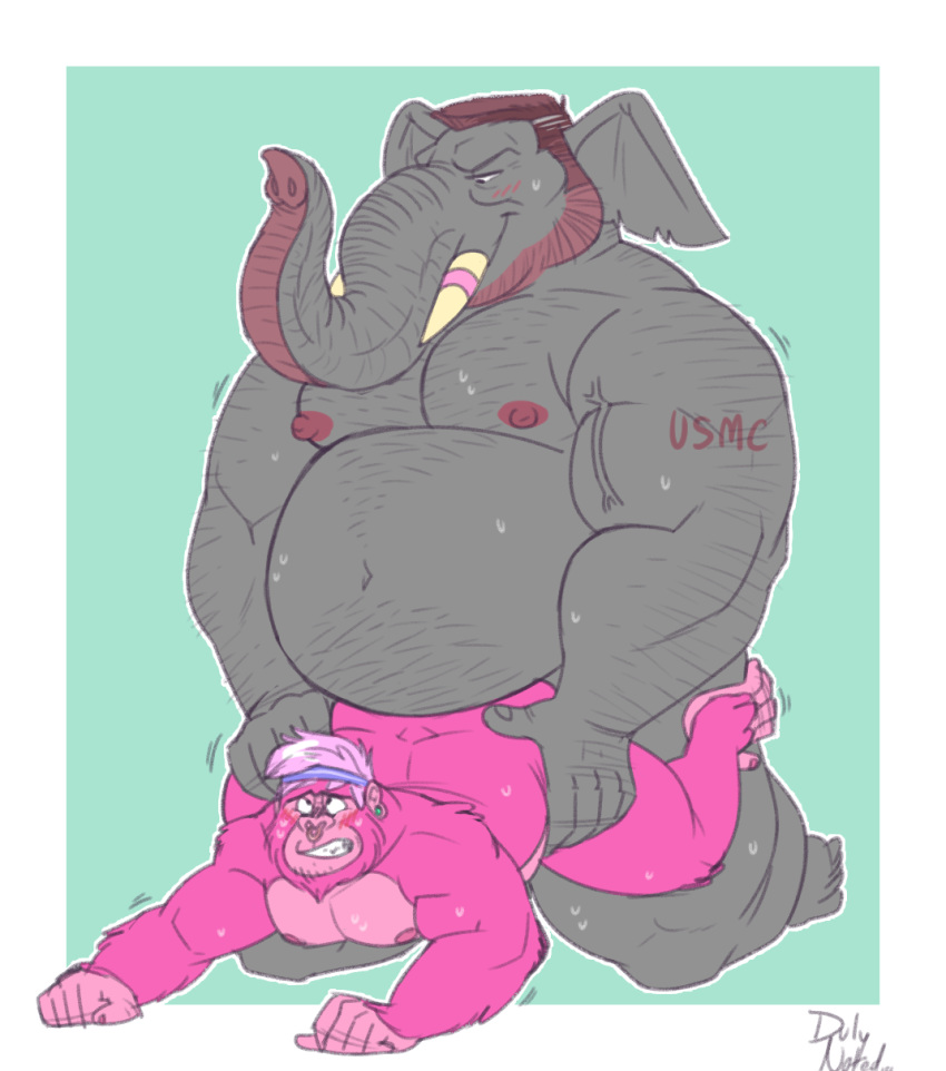 anthro ape beard belly big_belly big_dom_small_sub duly_noted duo elephant facial_hair gorilla hyper hyper_belly interspecies male male/male mammal manly musclegut pecs primate proboscidean sex size_difference smile sweat tattoo vein