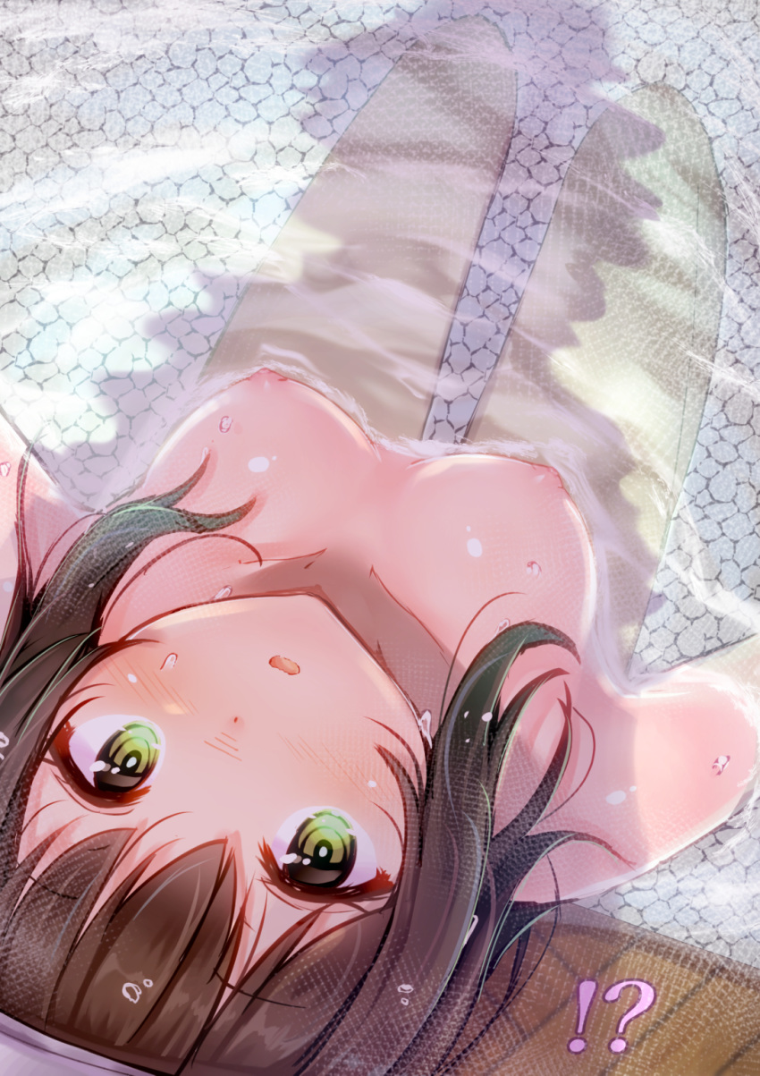 1girl bangs bathing blush breasts brown_hair collarbone commentary_request eyebrows_visible_through_hair fubuki_(kantai_collection) green_eyes highres kantai_collection looking_at_viewer looking_up medium_breasts minarai_shachou nipples nude onsen parted_lips partially_submerged short_hair solo towel towel_on_head upside-down water wet wet_hair