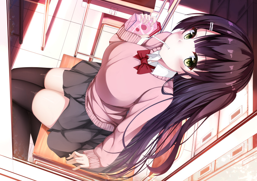 absurdres black_legwear black_skirt blush bow breasts brown_hair chair desk drinking drinking_straw from_above green_eyes hair_ornament hairclip highres hiragi_ringo indoors juice_box large_breasts long_hair looking_up original pink_sweater red_bow red_neckwear school_desk school_uniform sitting skirt solo sweater thighhighs