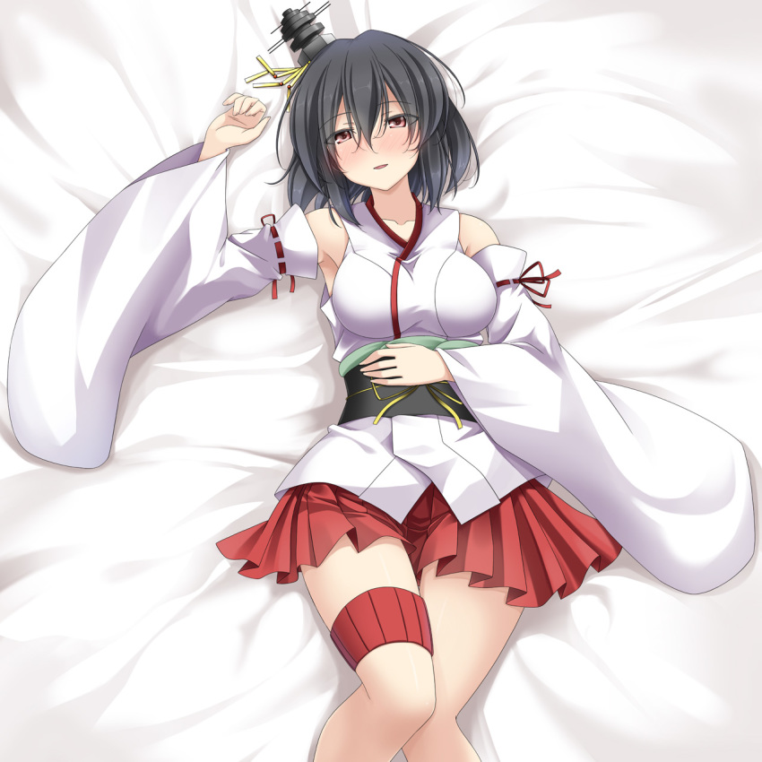 bed_sheet black_hair blanket blush breasts collarbone commentary detached_sleeves eyebrows_visible_through_hair from_above graphite_(medium) hair_between_eyes hair_ornament headgear highres japanese_clothes kantai_collection kimono looking_at_viewer lying mechanical_pencil medium_breasts no_shoes nontraditional_miko obi open_mouth pencil rappa_(rappaya) red_eyes red_skirt sash short_hair skirt solo traditional_media white_kimono wide_sleeves yamashiro_(kantai_collection)