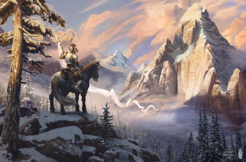 2018 amazing_background anthro armor banner canine clothed clothing cloud detailed_background duo equine feral fog fully_clothed hi_res holding_object horse male mammal mountain outside pauldron plate_armor reins rhos riding saddle sky snow stirrups tree wolf