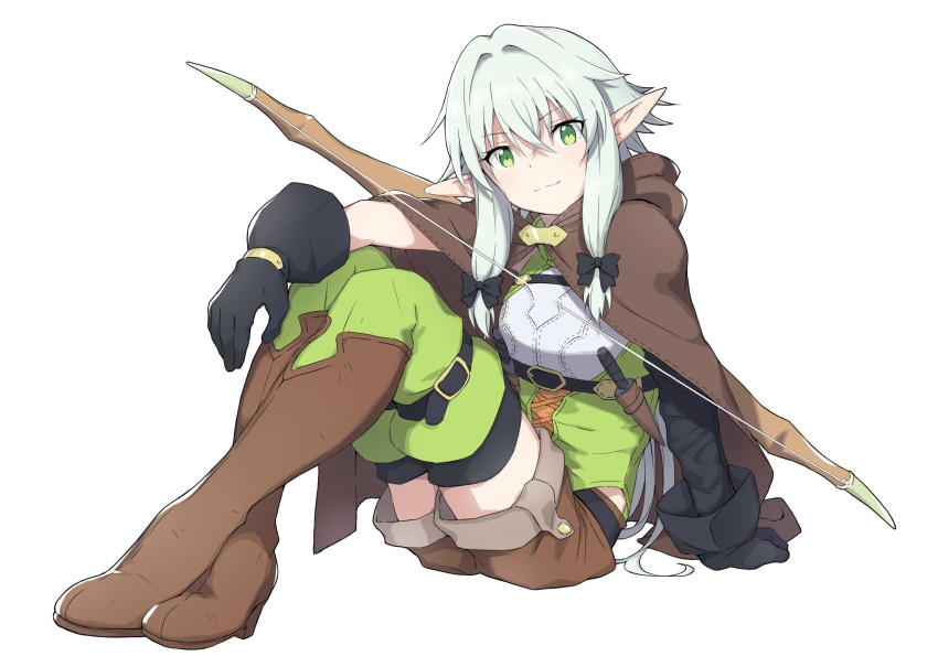 asymmetrical_sleeves black_bow black_gloves blush boots bow bow_(weapon) brown_footwear brown_shorts cloak dagger elf full_body gloves goblin_slayer! green_eyes green_hair hair_bow half-closed_eyes high_elf_archer_(goblin_slayer!) highres hood hooded_cloak laika_(sputnik2nd) long_hair low_ponytail multiple_girls pointy_ears shorts sidelocks simple_background sitting smile thighhighs weapon white_background