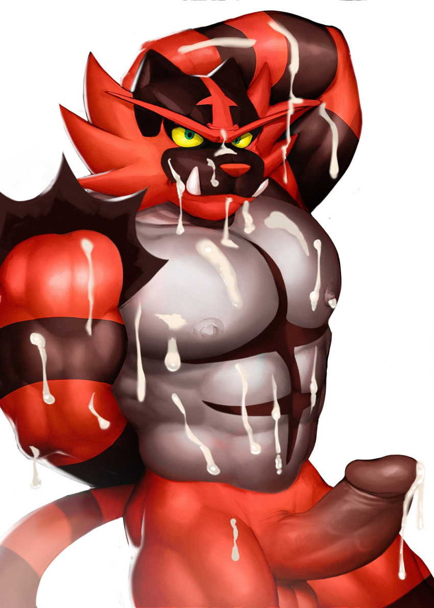 abs anthro areola balls barazoku biceps butt cum cum_everywhere cum_on_arm cum_on_body cum_on_chest cum_on_face cum_on_leg cum_on_nipples cum_on_penis cum_string erection fangs feline green_eyes hi_res humanoid_penis incineroar looking_at_viewer male male/male mammal messy muscular nintendo nipples orgasm pecs penis pok&eacute;mon pok&eacute;mon_(species) pose seyrmo sharp_teeth simple_background solo solo_focus standing teeth thick_penis thick_thighs triceps vein veiny_penis video_games white_background