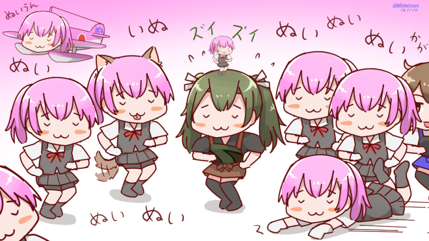 :3 afterimage aircraft airplane animal_ears blush_stickers brown_hair clone closed_eyes commentary_request dancing dress_shirt e16a_zuiun gloves grey_legwear grey_skirt grey_vest hair_ribbon japanese_clothes kaga_(kantai_collection) kantai_collection kemonomimi_mode long_hair lying miccheru minigirl motion_lines multiple_girls multiple_persona neck_ribbon on_head on_stomach person_on_head pink_hair ponytail red_ribbon ribbon school_uniform shiranui_(kantai_collection) shirt short_hair short_sleeves skirt tail tongue tongue_out translated twintails vest white_gloves white_ribbon white_shirt zui_zui_dance zuikaku_(kantai_collection)