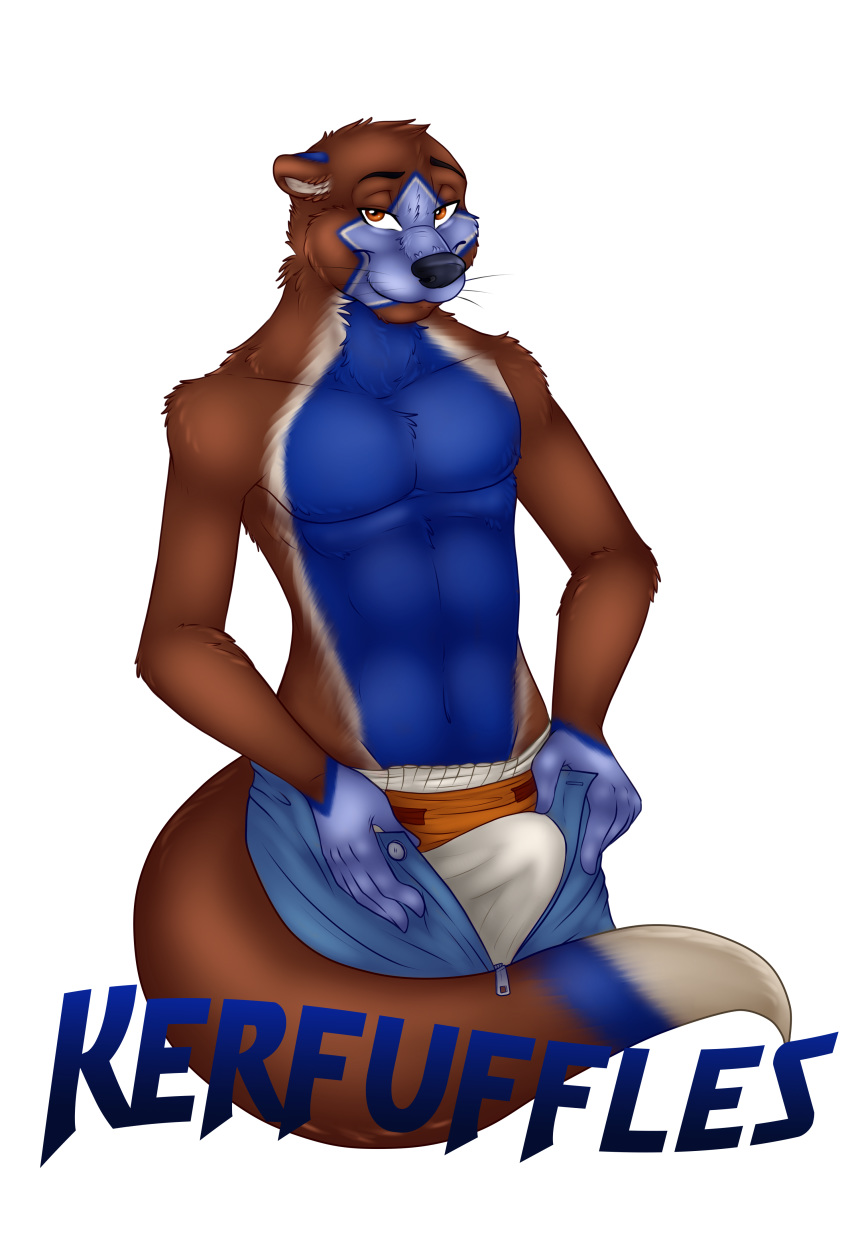 5_fingers bedroom_eyes black_nose bulge camboody clothing con_badge diaper english_text eyebrows fur half-closed_eyes humanoid_hands jeans looking_at_viewer male mammal multicolored_fur mustelid open_pants otter pants seductive solo tenting text whiskers zipper
