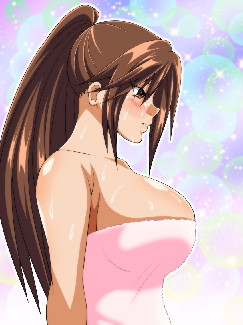 00s 1girl blush breasts brown_eyes brown_hair cleavage eyes_visible_through_hair huge_breasts ichigo_100_percent inabakun00 kitaooji_satsuki long_hair matching_hair/eyes naked_towel parted_lips ponytail solo standing towel upper_body wet