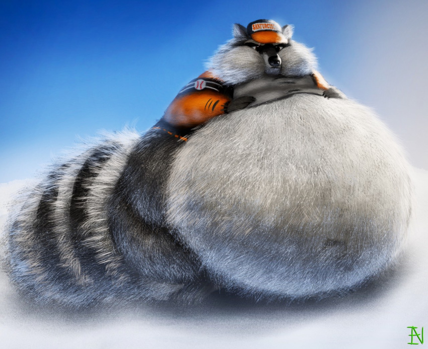 anthro baseball_cap belly big_belly bottomless chubby_cheeks claws clothed clothing deep_navel facial_markings frown fur gradient_background grey_fur hand_on_stomach hat ian-exe male mammal markings mask_(marking) morbidly_obese navel obese obese_male overweight overweight_male procyonid raccoon ringtail rocky_ramos simple_background solo standing text thick_thighs