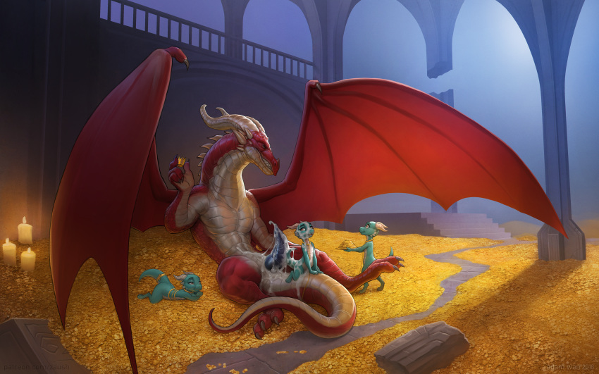 absurd_res adam_wan anthro candle coin crown cum cum_covered cum_on_face cum_on_penis dragon female gold_(metal) gold_coin group hi_res horn kobold larger_male male male/female membranous_wings messy penis red_scales scales scalie size_difference smaller_female tapering_penis treasure treasure_hoard wings