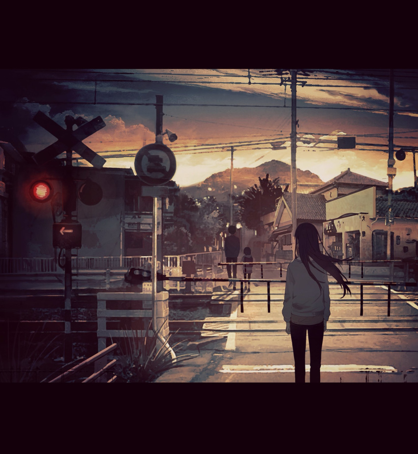 2girls arms_at_sides brown_hair facing_away highres kukka letterboxed long_hair long_sleeves multiple_girls original outdoors power_lines railroad_crossing railroad_signal railroad_tracks road road_sign scenery short_hair sign sunset sweater