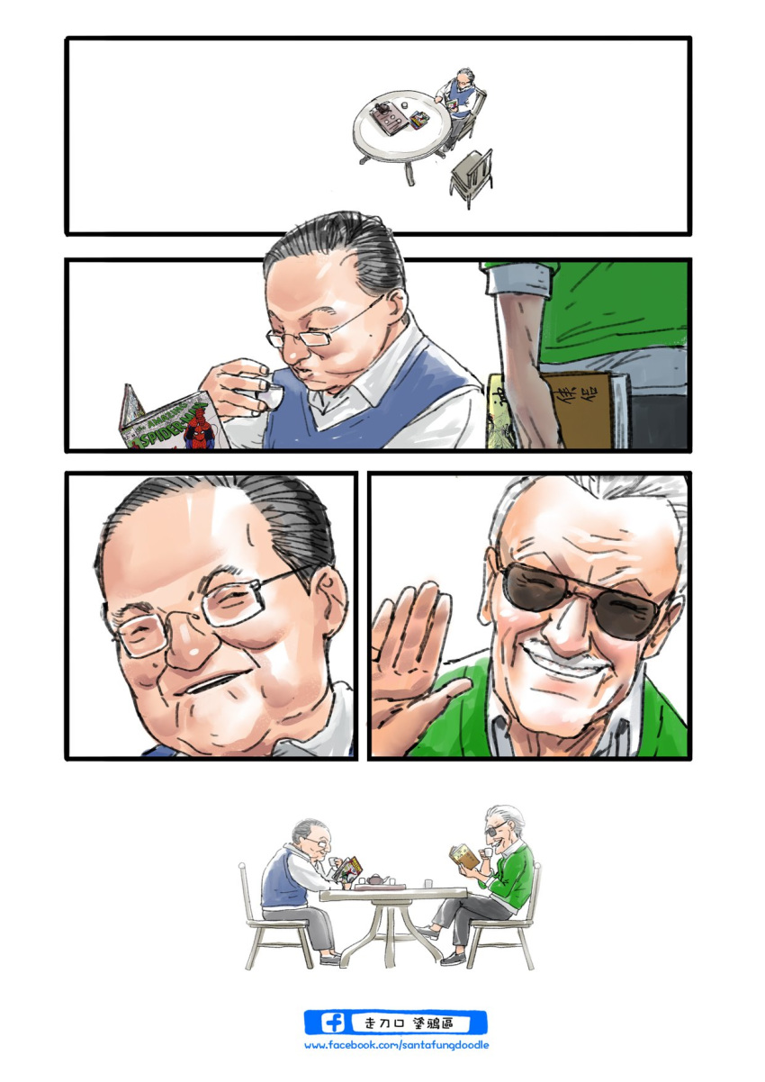 black_hair blowing book chair comic facebook_username fat fat_man glasses hand_wave highres holding holding_book jin_yong marvel old_man reading real_life santafong_(artist) silent_comic sitting smile spider-man spider-man_(series) stan_lee sunglasses sweater_vest table tea translated white_background white_hair