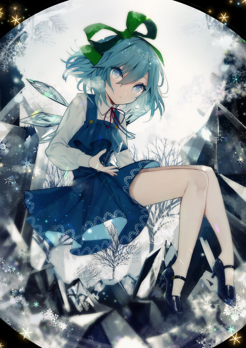 absurdres bangs blue_dress blue_eyes blue_footwear blue_hair cirno commentary daimaou_ruaeru dress english_commentary eyebrows_visible_through_hair full_body green_ribbon hair_between_eyes hair_ribbon high_heels highres ice ice_wings long_sleeves looking_at_viewer neck_ribbon pinafore_dress red_neckwear red_ribbon ribbon shirt short_hair simple_background snowflakes solo thighs touhou tree white_background white_shirt wings
