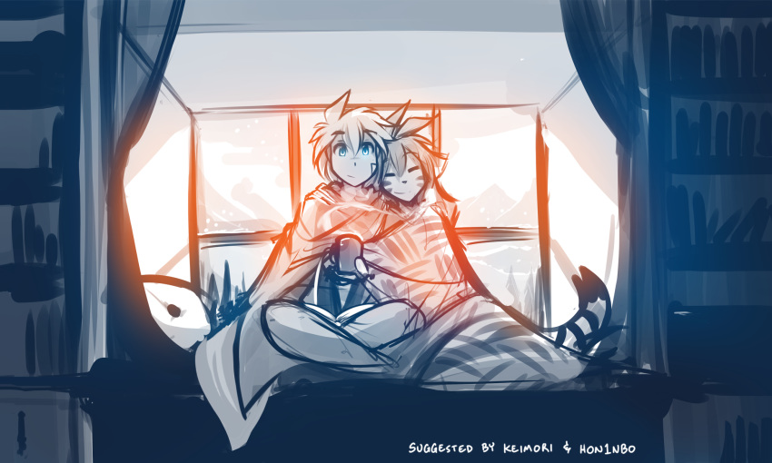 2018 anthro bedding blanket bookshelf crossed_legs cuddling cup duo eyes_closed feline female flora_(twokinds) fur hi_res holding_object human inside keidran male mammal monochrome shawl sitting sketch smile snow striped_fur stripes tiger tom_fischbach trace_legacy twokinds webcomic window