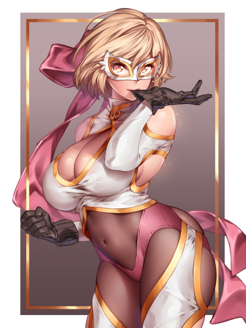 arched_back armpit_cutout bangs bare_shoulders black_gloves blonde_hair bob_cut bow breasts chinese_commentary cleavage clenched_hand closed_mouth commentary_request covered_navel cowboy_shot djeeta_(granblue_fantasy) eye_mask eyes glove_pull gloves gold_trim granblue_fantasy highres large_bow large_breasts looking_at_viewer mask mouth_hold mouth_pull outside_border pink_bow ribbed_gloves short_hair sideboob solo white_mask wrestler wrestler_(granblue_fantasy) wrestling_mask wrestling_outfit yellow_eyes yin-ting_tian
