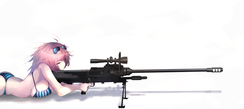 ahoge aiming alternate_costume anti-materiel_rifle ass bangs bare_shoulders bikini blue_bikini breasts commentary_request eyebrows_visible_through_hair eyewear_on_head girls_frontline gun half-closed_eyes highres holding holding_gun holding_weapon katuo1129 large_breasts light_particles long_hair lying ntw-20 ntw-20_(girls_frontline) on_stomach pink_eyes pink_hair rifle scope sideboob sidelocks simple_background skindentation sniper_rifle solo striped striped_bikini sunglasses swimsuit very_long_hair weapon white_background