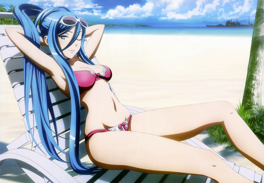 2girls anthropomorphization aoki_hagane_no_arpeggio armpits arms_behind_head arpeggio beach bikini blue_eyes blue_hair breasts chair cleavage cloud cruiser day deck_chair duo eyewear_on_head female green_eyes high_resolution legs light-skinned long_hair lounge_chair medium_breasts megane military military_vehicle mole multiple_girls navel no non-web_source nyantype ocean official_art one_eye_closed outdoors ponytail sanzigen scan ship silver_hair sky smile sunglasses sunglasses_on_head swimsuit takao_(aoki_hagane_no_arpeggio) tied_hair tree vehicle very_high_resolution very_long_hair warship water watercraft weapon white_hair wink