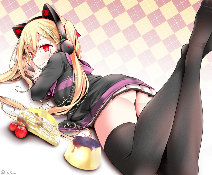 ass azur_lane bangs black_legwear blonde_hair blush breasts cake candy cat_ear_headphones cherry commentary_request concord_(azur_lane) crossed_ankles eyebrows_visible_through_hair fang feet feet_up fine_fabric_emphasis food fruit hair_between_eyes hair_ribbon headphones hood hood_down hooded_jacket jacket long_hair long_sleeves looking_back lying medium_breasts mole mole_under_eye mouth_hold no_shoes on_stomach oouso open_clothes open_jacket pleated_skirt pudding red_eyes red_ribbon ribbon sidelocks skirt solo star star-shaped_pupils symbol-shaped_pupils thighhighs thighs toes twintails twitter_username v white_skirt