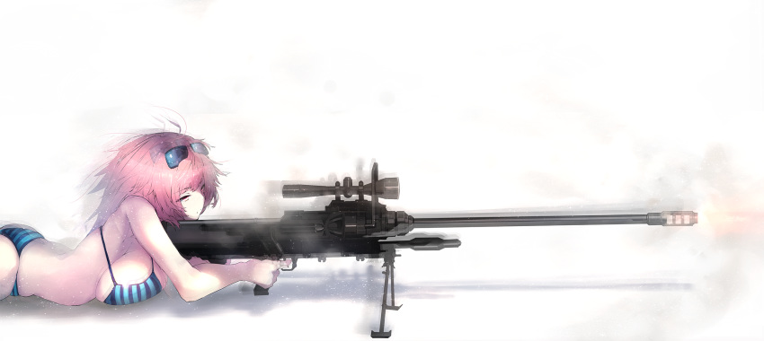 ahoge aiming alternate_costume anti-materiel_rifle ass bangs bare_shoulders bikini blue_bikini breasts eyebrows_visible_through_hair eyewear_on_head firing girls_frontline gun half-closed_eyes highres holding holding_gun holding_weapon katuo1129 large_breasts light_particles long_hair lying motion_blur muzzle_flash ntw-20 ntw-20_(girls_frontline) on_stomach pink_eyes pink_hair recoil rifle scope sideboob sidelocks simple_background skindentation sniper_rifle solo striped striped_bikini sunglasses swimsuit very_long_hair weapon white_background