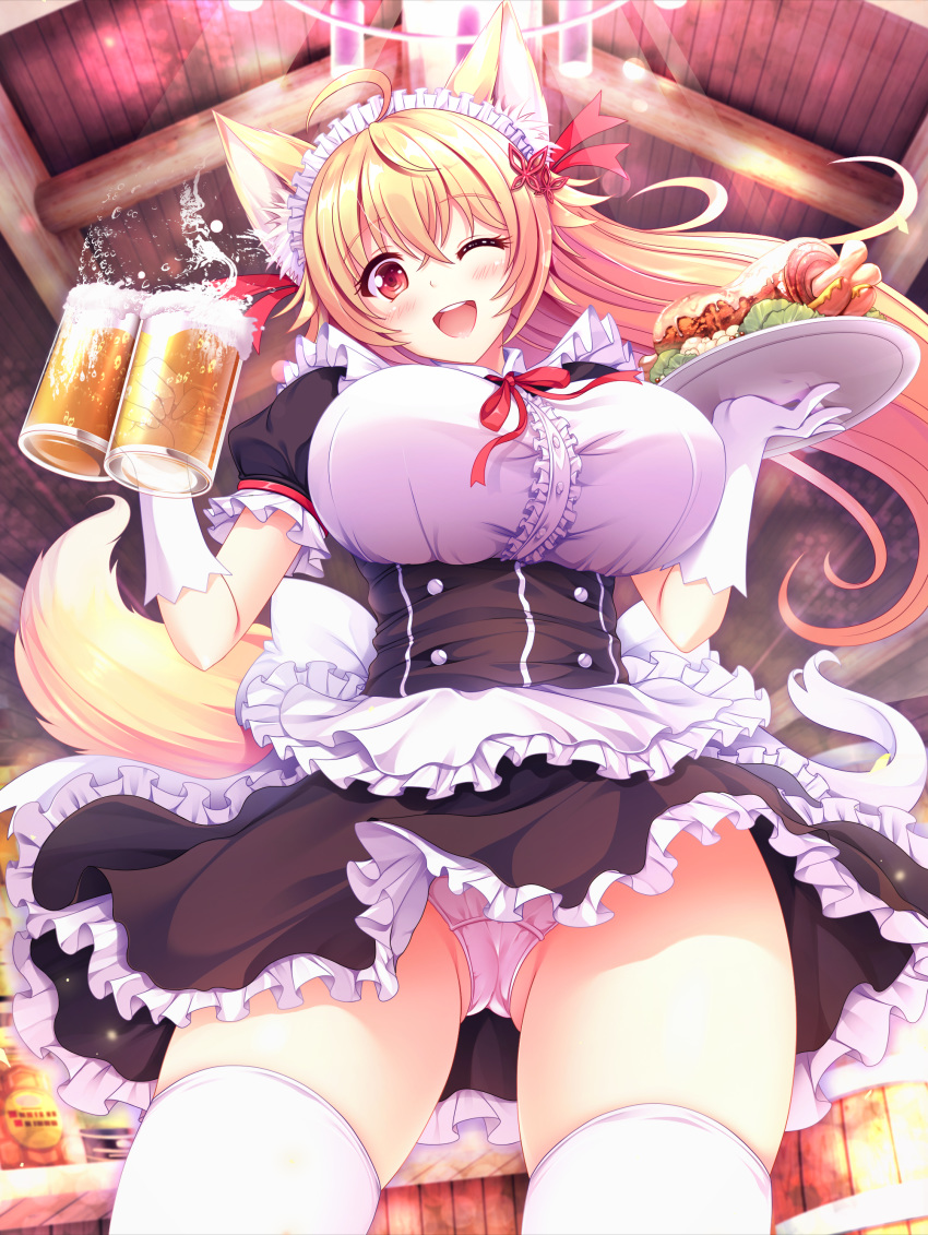 ;d absurdres ahoge alcohol animal_ears ass_visible_through_thighs beer beer_mug blonde_hair boned_meat breasts commentary_request food highres kurowana large_breasts long_hair maid maid_headdress meat one_eye_closed open_mouth original panties pink_panties skindentation smile thighhighs underwear white_legwear
