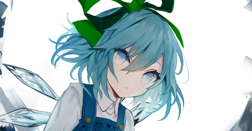 bangs blue_dress blue_eyes blue_hair cirno commentary_request daimaou_ruaeru dress eyebrows_visible_through_hair green_ribbon hair_between_eyes hair_ribbon highres ice ice_wings looking_at_viewer pinafore_dress ribbon shirt short_hair simple_background solo touhou white_background white_shirt wings