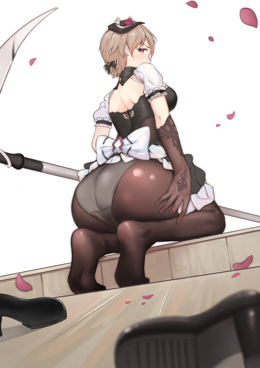 absurdres apron ass black_bow black_gloves black_legwear blurry_foreground bow breasts brown_hair cherry_blossoms darcy_(pixiv11949485) elbow_gloves flower from_behind gloves hair_bow high_heels highres honkai_impact horns kneeling maid_headdress medium_breasts no_shoes panties panties_under_pantyhose pantyhose puffy_short_sleeves puffy_sleeves purple_eyes red_flower red_rose rita_rossweisse rose scythe shoes_removed short_hair short_sleeves shoulder_blades solo underwear waist_apron white_background