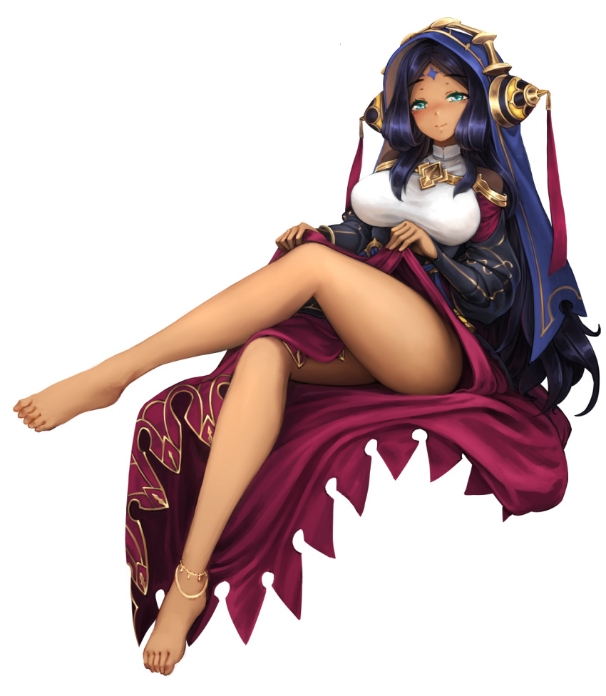 anklet aqua_eyes barbariank barefoot black_hair commentary dark_skin dragalia_lost dress english_commentary eyebrows_visible_through_hair facial_mark feet forehead_mark full_body headgear highres hood jewelry juliet_sleeves legs lifted_by_self long_hair long_sleeves puffy_sleeves sitting smile solo taut_clothes thighs transparent_background verica very_long_hair