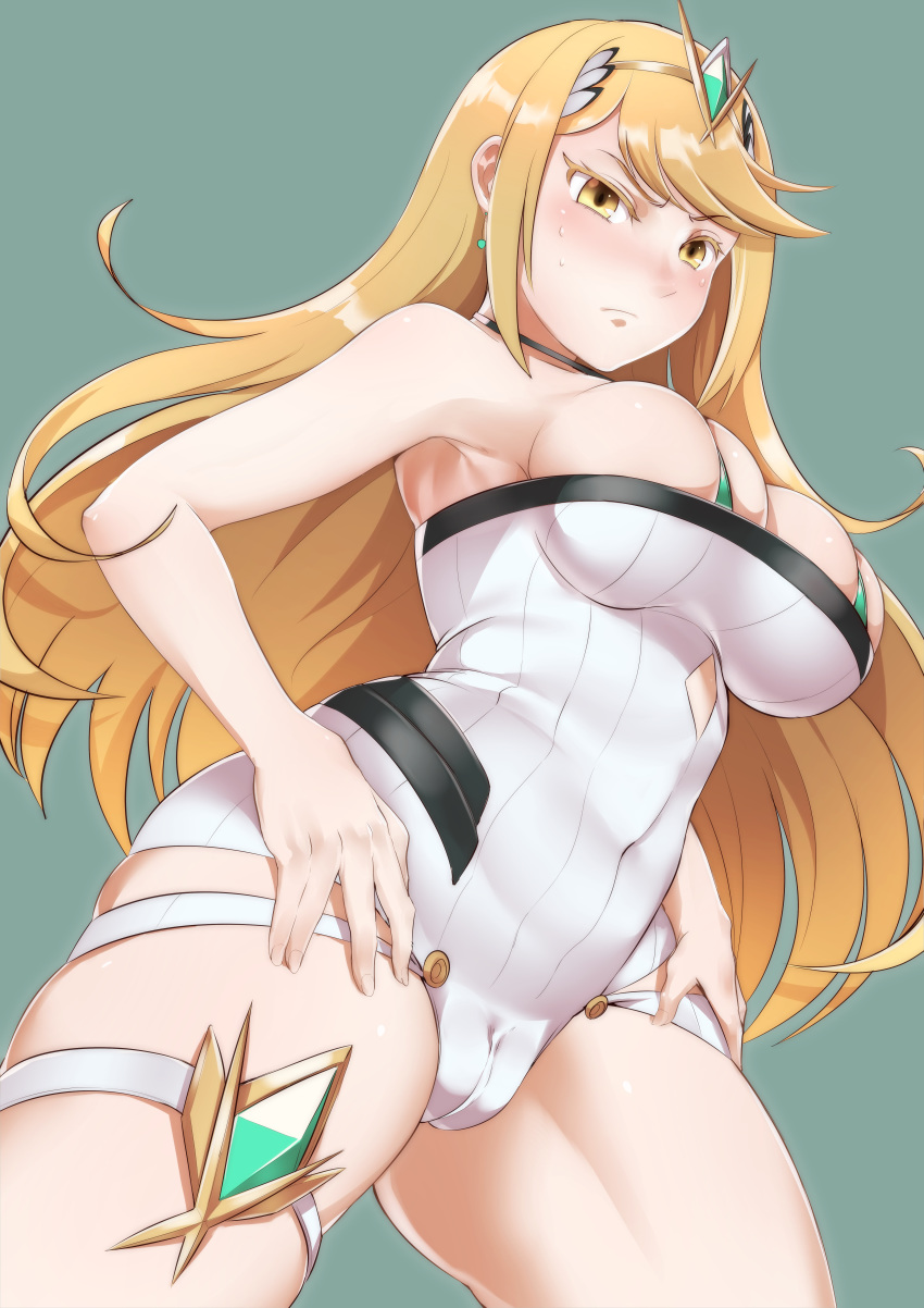 absurdres anklet arkasha bare_shoulders bikini bikini_top blonde_hair blush breasts cameltoe circlet commentary_request green_bikini grey_background hands_on_hips headpiece highres hikari_(xenoblade_2) jewelry large_breasts long_hair looking_at_viewer simple_background skindentation solo swimsuit thick_thighs thighs xenoblade_(series) xenoblade_2 yellow_eyes