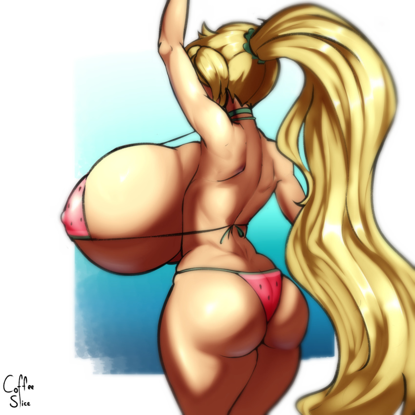 1girl ass back bikini blonde_hair breasts cassie_(theycallhimcake) coffeeslice curvy from_behind hips huge_ass huge_breasts long_hair one_arm_up ponytail simple_background solo standing strap_gap swimsuit thick_thighs thighs tied_hair very_long_hair wide_hips