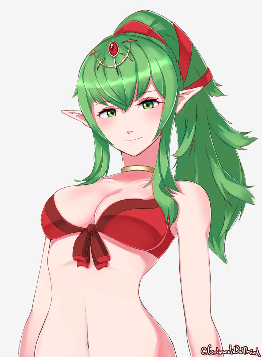 bikini breasts chiki cleavage closed_mouth commentary fire_emblem fire_emblem:_kakusei fire_emblem_heroes green_eyes green_hair grimmelsdathird hair_ribbon highres long_hair mamkute navel pointy_ears ponytail red_ribbon ribbon simple_background solo swimsuit twitter_username upper_body white_background