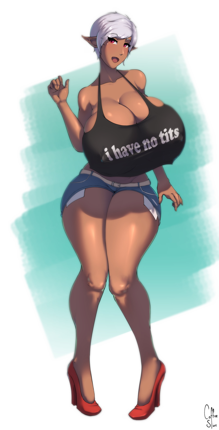 1girl bare_arms bare_shoulders breasts cleavage coffeeslice collarbone dark_skin denim denim_shorts elf eyebrows_visible_through_hair full_body high_heels huge_breasts midriff open_mouth original pointy_ears red_eyes short_hair short_shorts shorts silver_hair simple_background solo standing thick_thighs thighs