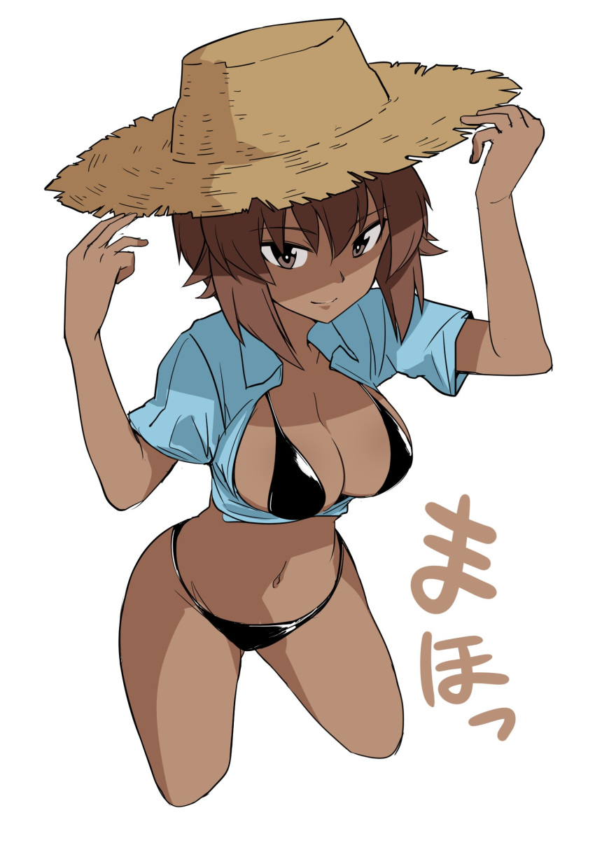 bangs bikini black_bikini blue_shirt breasts brown_eyes brown_hair brown_hat character_name cleavage closed_mouth collared_shirt commentary_request cowboy_shot cropped_legs eyebrows_visible_through_hair girls_und_panzer hands_on_headwear hat highres hoshikawa_(hoshikawa_gusuku) large_breasts leaning_forward looking_at_viewer navel nishizumi_maho open_clothes open_shirt shirt short_hair short_sleeves simple_background smile solo standing straw_hat sun_hat swimsuit tan white_background