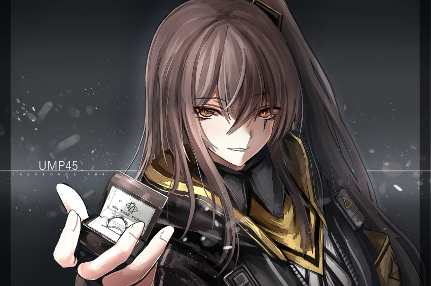 bangs black_ribbon box brown_eyes brown_hair character_name commentary_request eyebrows_visible_through_hair fingerless_gloves girls_frontline gloves graphite_(medium) haguruma_(hagurumali) hair_between_eyes hair_ornament highres holding holding_box hood hood_down hooded_jacket jacket jewelry light_particles long_hair looking_at_viewer neck_ribbon one_side_up open_clothes open_jacket ribbon ring ring_box scar scar_across_eye scarf shirt sidelocks smile smirk traditional_media ump45_(girls_frontline) upper_body wedding_ring white_shirt