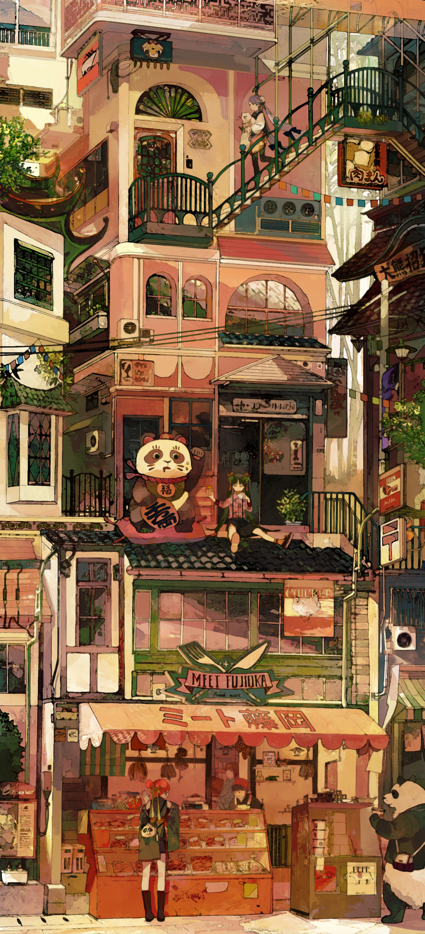 4girls absurdres air_conditioner architecture bag building bun_cover chinese_clothes dog double_bun east_asian_architecture food hair_bun highres kukka long_hair meat multiple_girls original panda power_lines rooftop sausage scenery shop sign stairs storefront tile_roof twintails typo window
